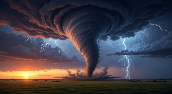 Tornado Storm Cloud with Lightning and Sunset Scene in Open Field