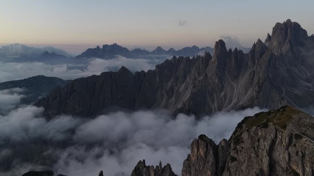 Cinematic aerial video of the Cadini di Misurina mountain in the Italian Dolomites