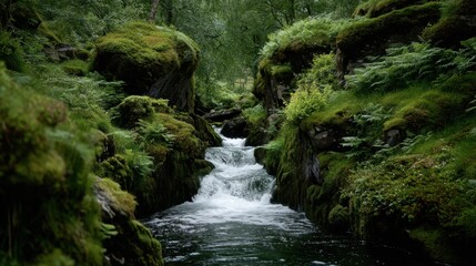 Naklejka premium Tranquil stream flowing through lush green forest surrounded by moss-covered rocks and vibrant ferns in a serene natural landscape setting