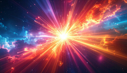 Abstract cosmic explosion with vibrant colors, radiating light and energy in a dynamic, celestial display.