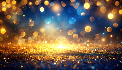 Abstract background with sparkling gold and blue bokeh lights creating a magical and festive atmosphere.