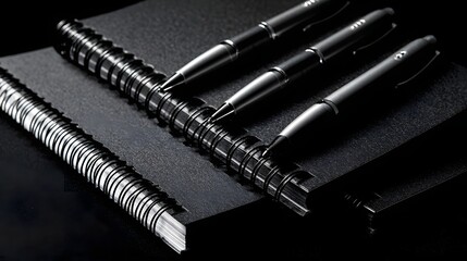 Three metallic writing instruments rest diagonally across the dark spiral binding of a notebook.