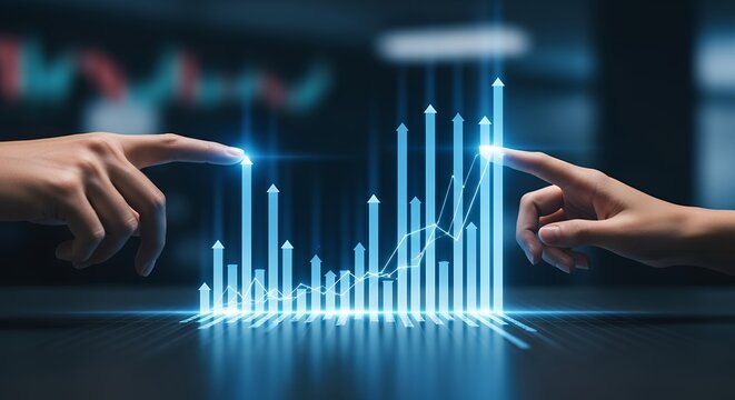 Two Hands Interacting with Glowing Blue Bar Chart Representing Collaborative Business Growth