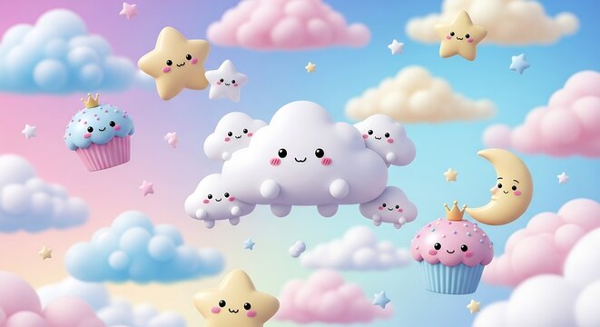 Cute Cloud and Star Cartoon Characters in Dreamlike Sky Scene for Children's Illustration