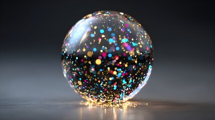 Glass orb filled with multicolored glowing particles rests upon a reflective surface