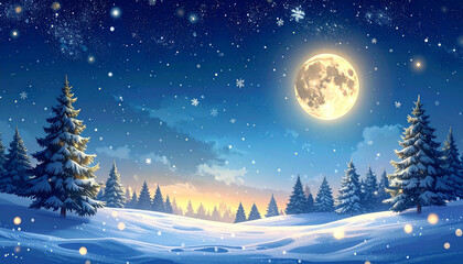 Fototapeta premium A serene winter landscape featuring snow-covered trees under a full moon.