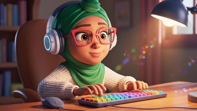 Cute animated girl in hijab with headphones and glasses typing on a colorful keyboard, focused on digital learning.