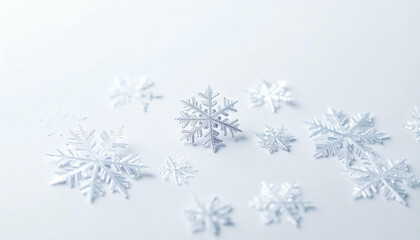 A collection of white snowflakes scattered on a bright, clean surface, creating a wintery and delicate scene.