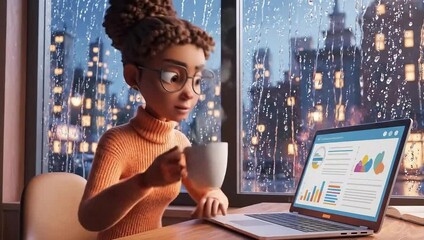 3D animated woman working on laptop with coffee by rainy city window at night, analyzing data - Powered by Adobe