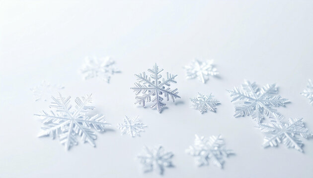 A collection of white snowflakes scattered on a bright, clean surface, creating a wintery and delicate scene.