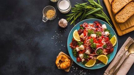 A vibrant top-down view of a rustic and colorful Jewish-style salad with sausage, tomatoes, and fresh herbs. A healthy, delicious meal with bread and spices on a dark background with copy space.