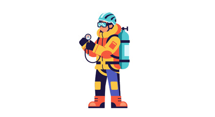 Fototapeta premium Adventurer Checking Equipment Before Expedition In Isolated Environment Illustrated Design