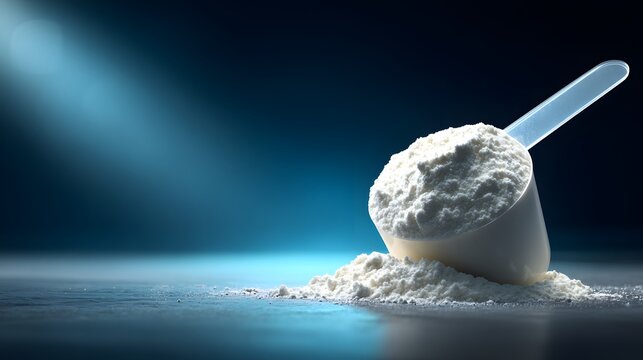 White supplement powder fills a translucent scoop resting on a surface against a dramatic blue background.