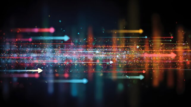 Streams of colorful light particles create streaks and arrows indicating forward motion across a dark background.