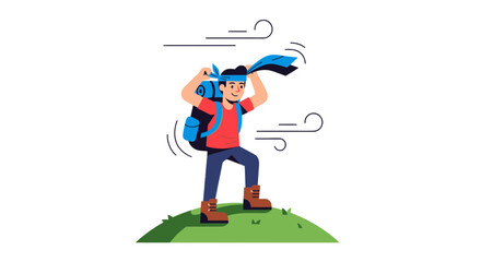 Adventurer Facing Strong Winds on a Hill: Outdoor Travel and Hiking Illustration