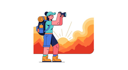 Adventurer Observing A Landscape, Sunrise As A Backdrop, Flat Illustration on Black Background