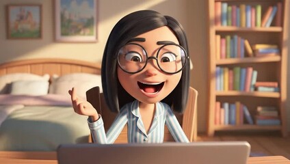 Happy 3D animated woman in pajamas smiles while using laptop in a cozy home bedroom.