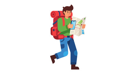 Fototapeta premium Adventurer Using Technology and Maps During a Voyage in Illustrated Flat Vector Style