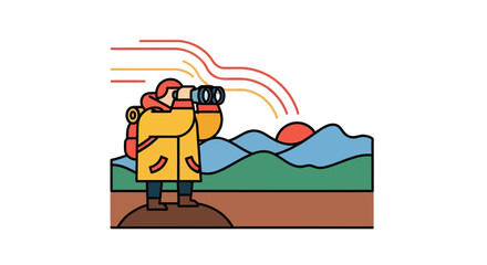 Adventurer Observing A Scenic Mountain Vista, Sunset Hues In A Stylish Illustration
