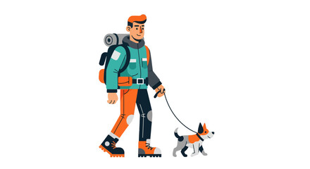 Adventurer Walking Happily With His Playful Canine Companion On A Black Background