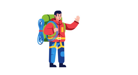 Obraz premium Adventurer With Backpack Raises Hand in Energetic Greeting Against Monochrome Background