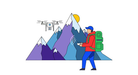 Fototapeta premium Adventurer Piloting Drone Near Snowy Mountain Peaks Under A Bright Sunny Sky