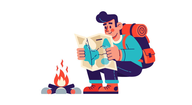 Adventurer Planning His Trek Next To A Campfire Finding The Route On The Map