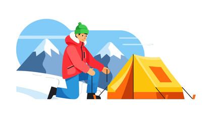 Adventurous Camper Pitching Tent in Snowy Mountains, Vector Illustration