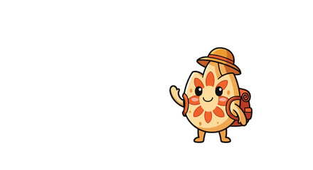 Fototapeta premium Adventurous Cartoon Character Waving Hello with a Backpack and Wide-Brimmed Hat