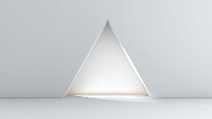 Minimalist geometric design featuring a triangular aperture in a modern architectural space, emphasizing light and shadow in a white minimalism context