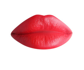 Female lips with beautiful matte red lipstick isolated on white