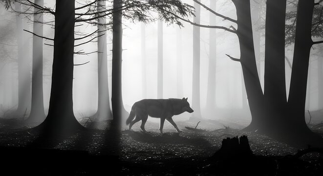 Silhouette of wolf in foggy forest with tall trees and misty atmosphere - Powered by Adobe