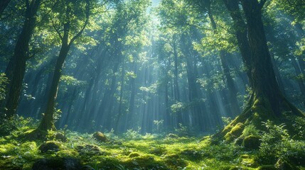 Obraz premium Sunbeams illuminate a mystical, mossy forest path.