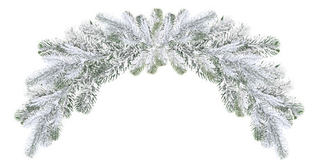 Christmas garland of fir tree branches with snow on white background. Festive decoration