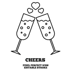 Cheers icon, editable stroke outline icon isolated on white background flat vector illustration, black outline, Pixel perfect
