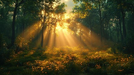 Fototapeta premium Sunbeams illuminating a mystical forest at sunrise.