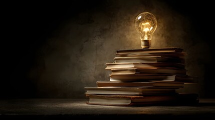 Glowing incandescent bulb illuminates a tall stack of aged books set against a dark, textured background