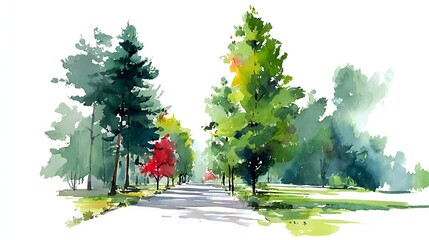 Naklejka premium Watercolor painting depicts a peaceful roadside lined with diverse foliage under bright illumination