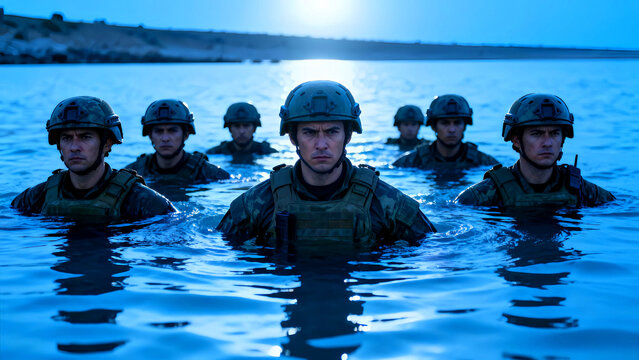 Group of soldiers in camouflage gear wading through water during a military training exercise at dusk with the sun reflecting on the water's surface showing determination and focus - Powered by Adobe