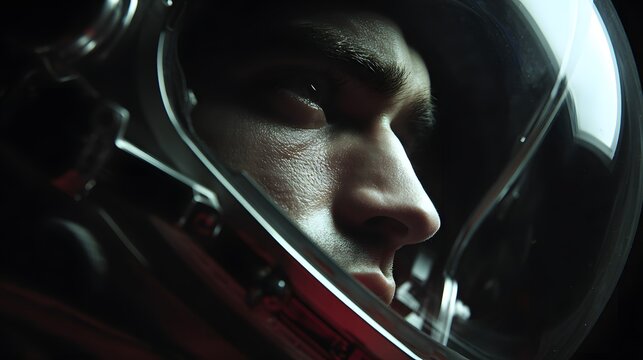 Close up profile view of a young man wearing a reflective space helmet against a dark background