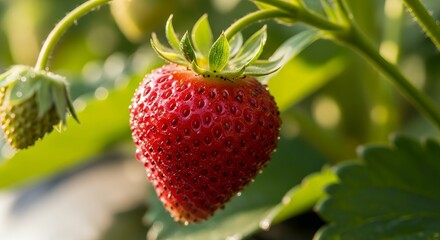 Fresh Red Strawberry Hanging on Green Plant in Outdoor Garden