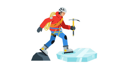Fototapeta premium Adventurous Climber Ascends Ice Block with Essential Gear Exploring Mountainous Terrain