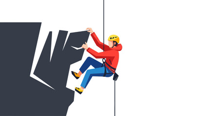 Adventurous Climber Ascends Rocky Terrain Against a Dramatic Black Backdrop