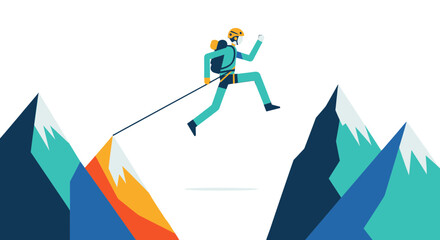 Adventurous Climber Leaping Across a Mountain Gorge in a Bold Vector Graphic Design
