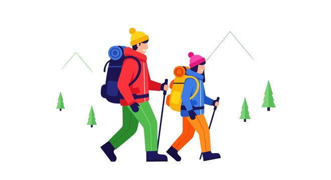 Adventurous Duo Trekking Together With Backpacks Towards Mountain Adventure and Exploration