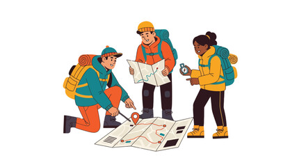 Adventurous Explorers Coordinating Travel Plans Against a Black Backdrop for a Trip