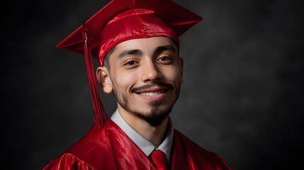 Young man smiles wearing traditional academic graduation attire against a dark background