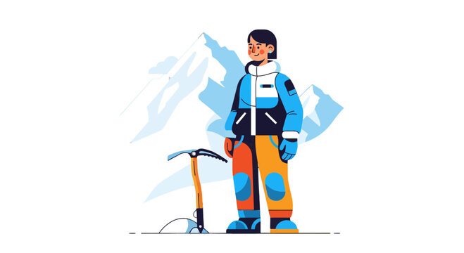 Adventurous Climber Stands Before Majestic Mountains in Vivid, Modern Illustration.