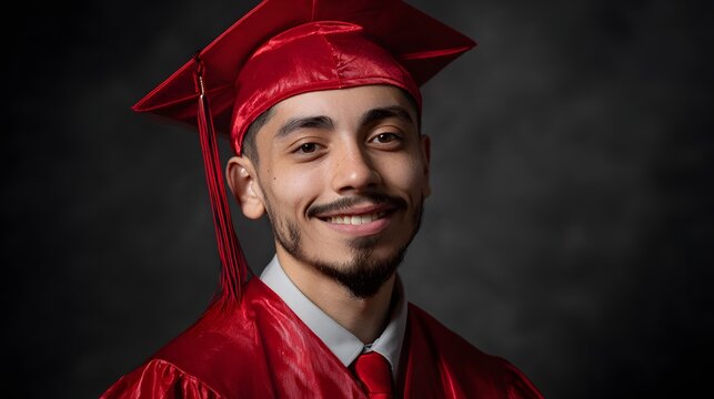 Young man smiles wearing traditional academic graduation attire against a dark background