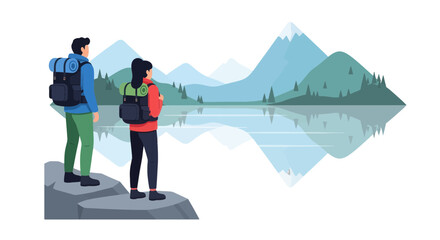 Obraz premium Adventurous Couple Admiring the Majestic Mountain Range and Tranquil Lake Reflection